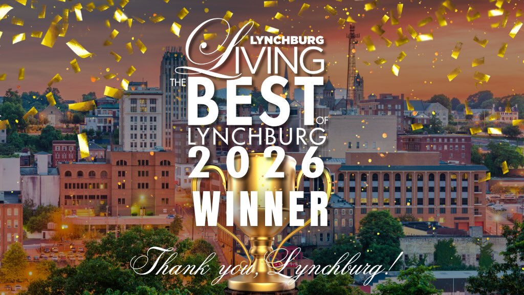 Best of lynchburg 2026 winner announcement with downtown lynchburg skyline and celebratory confetti.